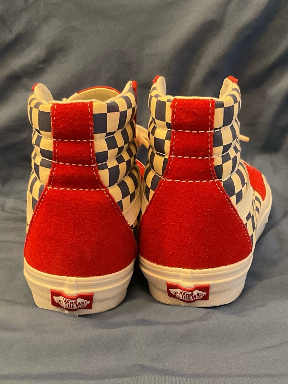 Vans High Top Checkerboard Sneakers in Red, Blue and White - Picture 3 of 6